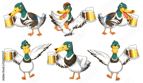 Set of wild duck drinking beer in different poses