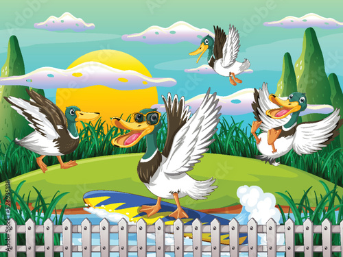 Outdoor scene with cartoon ducks