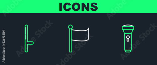 Set line Flashlight, Police rubber baton and Flag icon. Vector