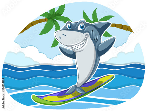 Cute shark surfing cartoon ocean scene