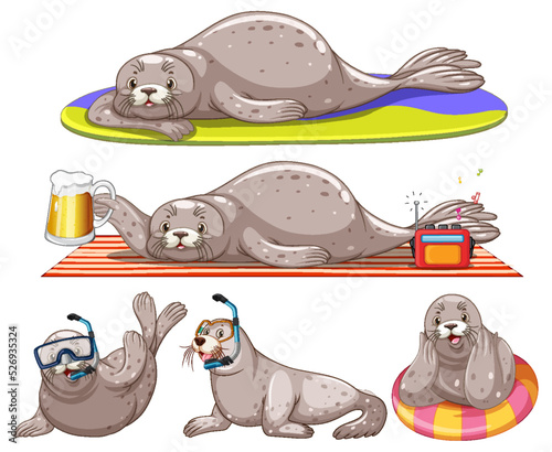 Set of different seal cartoon characters