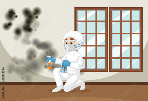 Man in protective hazmat suit cleaning mold on the wall