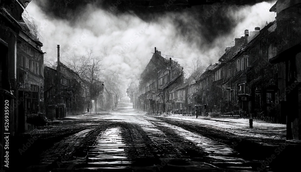 illustration of an empty old street in black and white