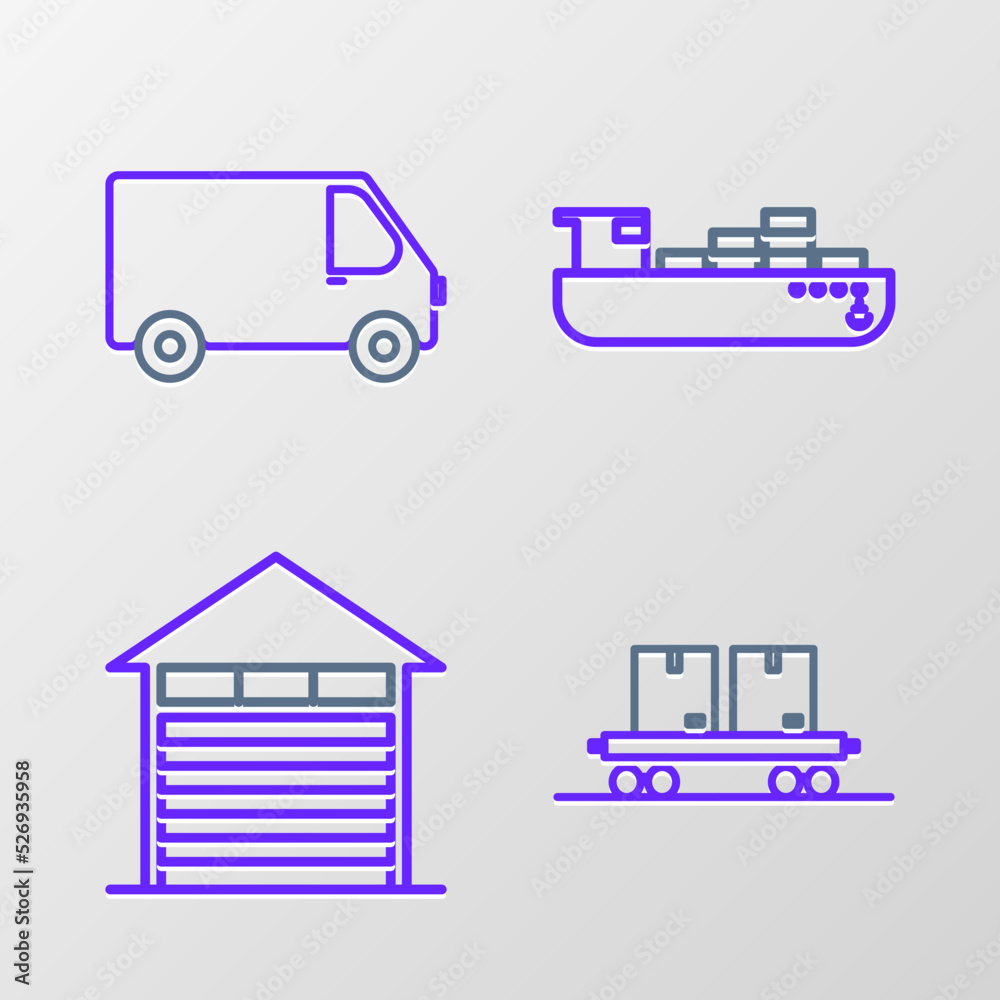 Set line Railway carriage, Closed warehouse, Cargo ship with boxes delivery service and Delivery cargo truck vehicle icon. Vector