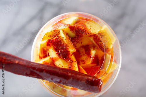 A top down view of a chamango drink. photo