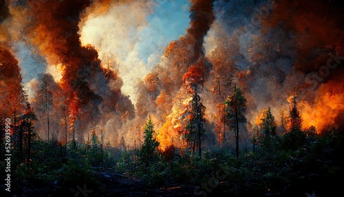 illustration of a forest fire in summer