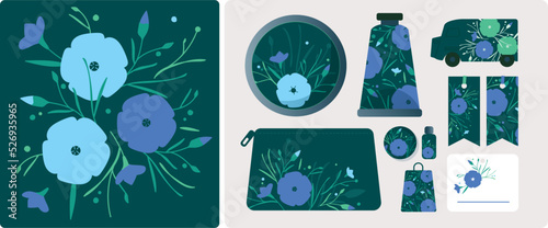 Charte graphique pour produit cosmétiques, produit naturel issu de plantes, identité visuelle pour fleuriste, évènementiel, printemps, fleurs, accessoires, carte, affiche, produit beauté, camionnette