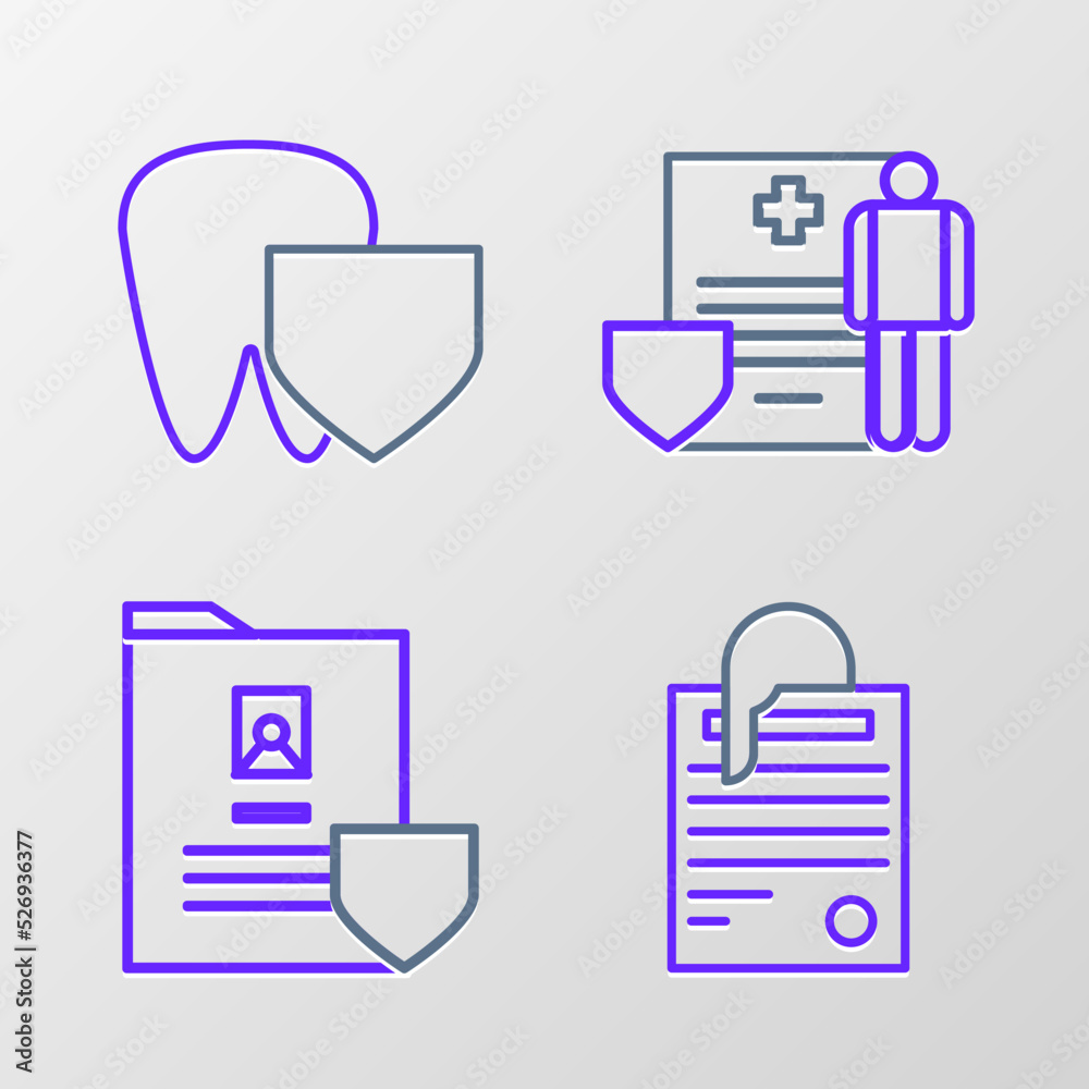 Set line File document and paper clip, Document with shield, Medical clipboard clinical record and Tooth icon. Vector Set line File document and paper clip, Document with shield, Medical clipboard clinical record and Tooth icon. Vector