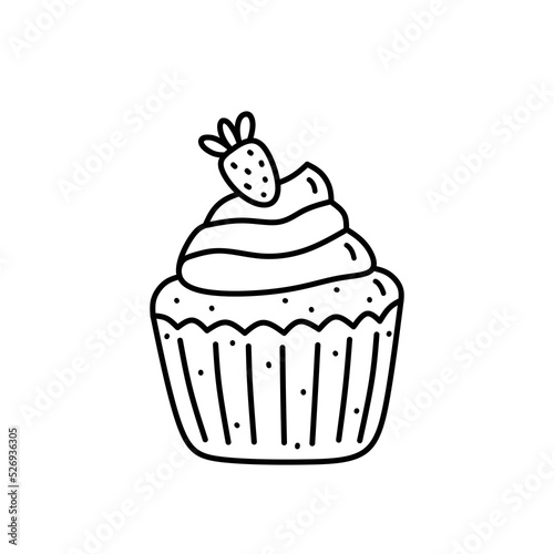 Cupcake with cream and strawberries isolated on white background. Cute dessert with berries. Vector hand-drawn illustration in doodle style. Perfect for holiday designs, cards, decorations, logo, menu