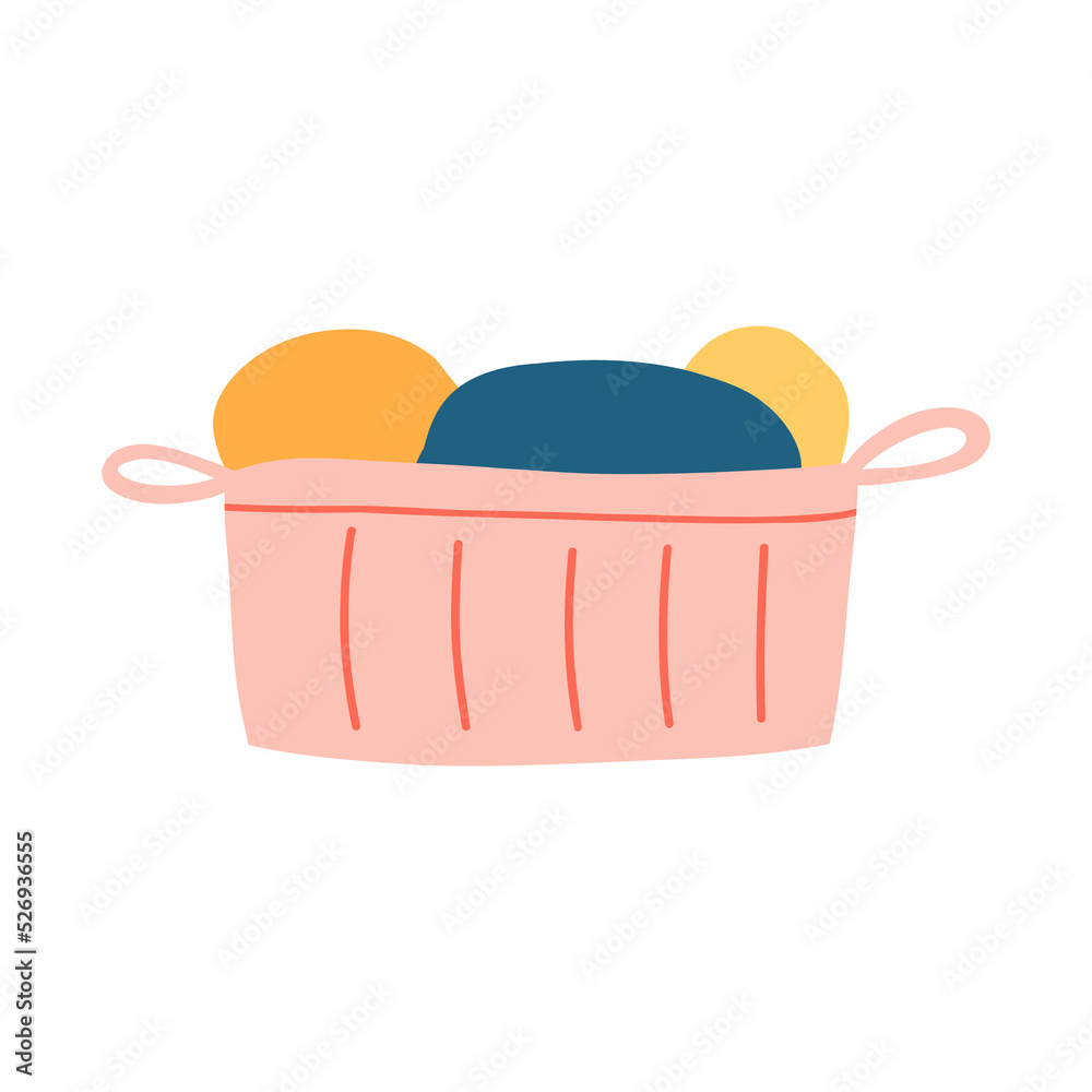 Laundry basket with dirty clothes in cartoon flat style. Hand drawn doodle vector illustration of housewares Laundry basket with dirty clothes in cartoon flat style. Hand drawn doodle vector illustration of housewares