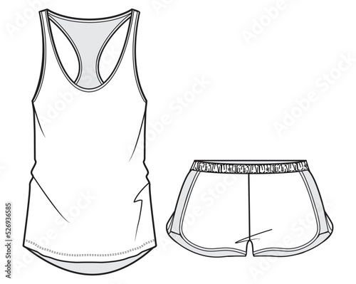 womens pyjama set tank top and short pants sleepwear set racer back tank top and elastic waist shorts flat sketch vector illustration template. cad mockup.