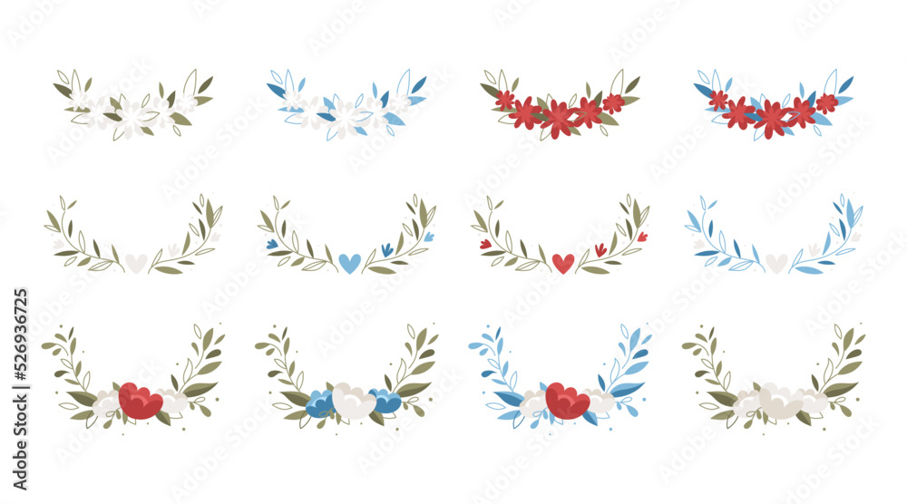 Set of floral wreath. Branch with leaves and flowers. Wedding decoration concept.