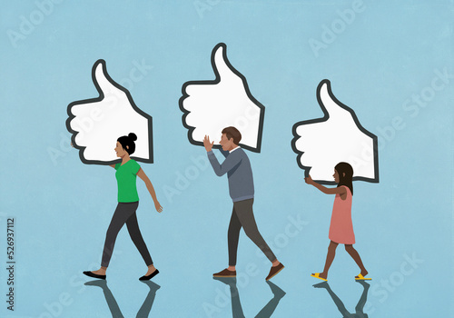 People carrying social media like buttons on blue background
 photo