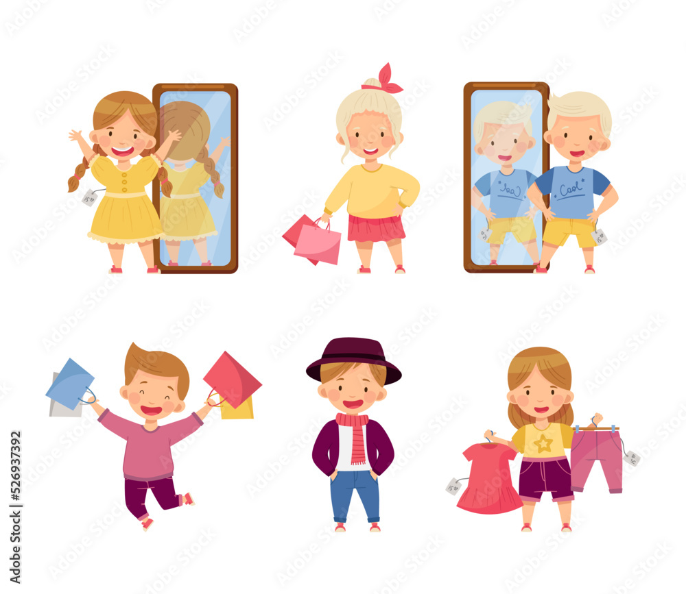 Fashionable Boy and Girl in Pretty Dress Shopping Trying New Clothing Vector Set Fashionable Boy and Girl in Pretty Dress Shopping Trying New Clothing Vector Set