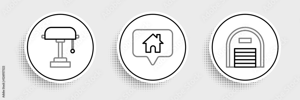 Set line Warehouse, Table lamp and Map pointer with icon. Vector Set line Warehouse, Table lamp and Map pointer with icon. Vector