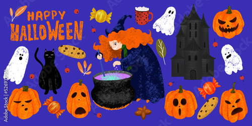 Set of Halloween objects. Happy Halloween lettering, witch cooking the potion in the cauldron, pumpkins, dark castle, house of ghosts, cookie, candy, mug of cocoa, black cat, autumn leaves
