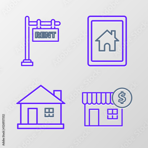 Set line House with dollar symbol, Tablet and smart home and Hanging sign text Rent icon. Vector