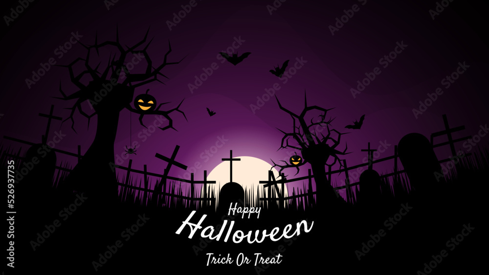 happy halloween background with pumpkin, bath, tombstone,spider and moon in silhouette style. vector illustration