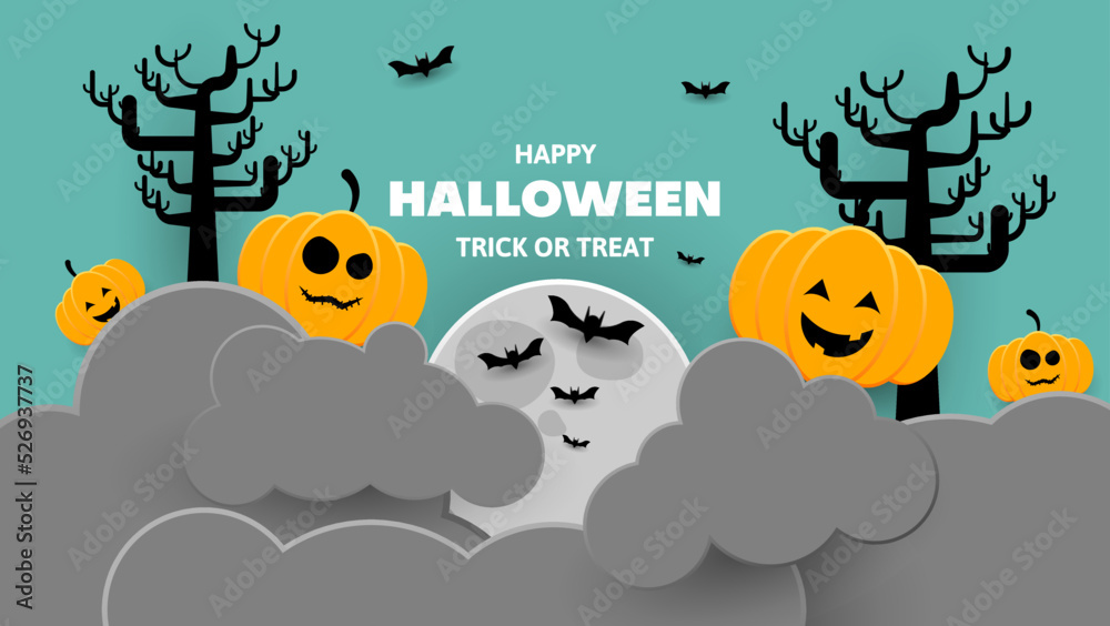 happy halloween background with pumpkin, cloud, bath and moon in paper style. vector illustration