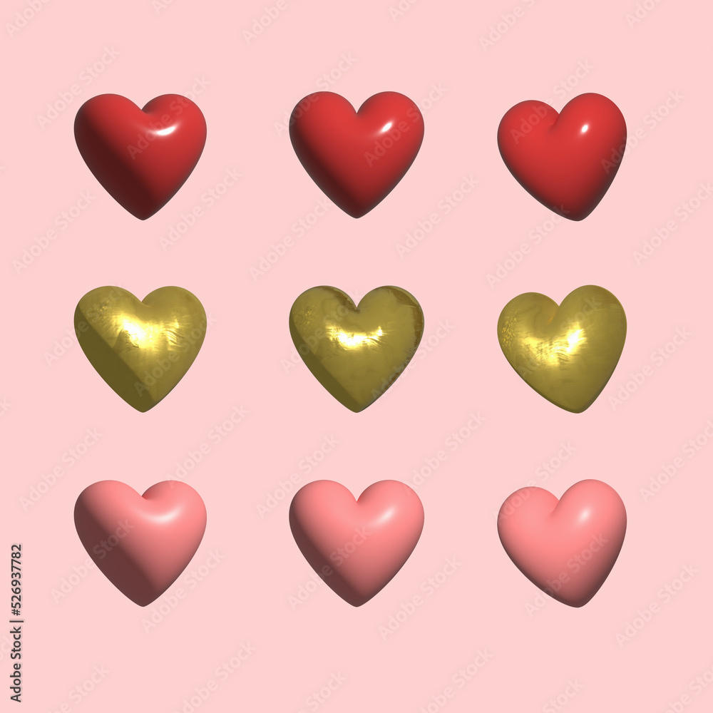 Set of hearts 3D rendering