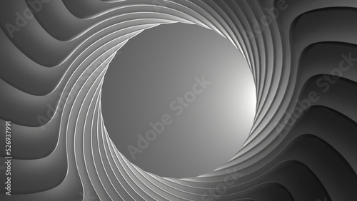 rendered simple-3D scene of circularly-arranged petals forming a shutter in grayscale