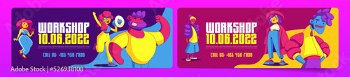 Set of workshop flyer templates vector design. Colorful contemporary art male and female characters posing in fashion clothes, taking selfie on smartphone, making announcement with loudspeaker
