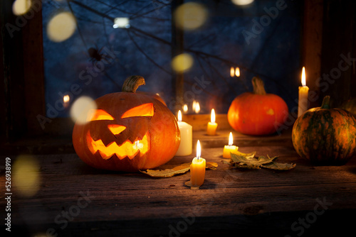 Halloween background, pumpkins stand in a row on the background of a barn window © olga_sova