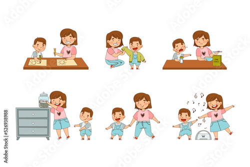 Sister with Her Little Brother Engaged in Different Activity Playing Together Vector Set