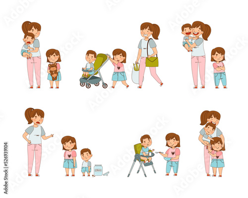 Young Mom with Little Kids Engaged in Different Activity Vector Set