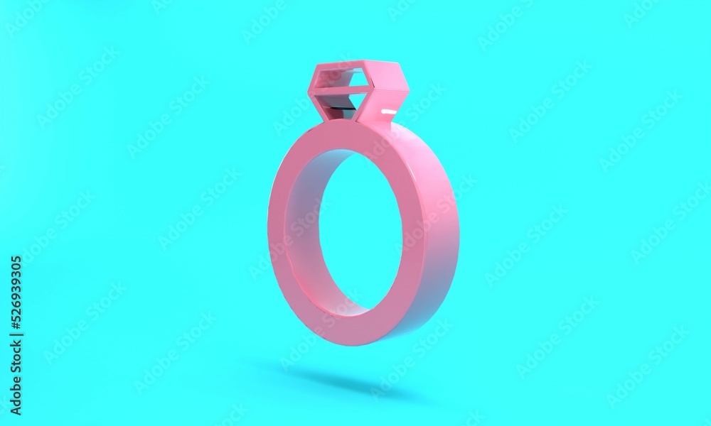 Pink Diamond engagement ring icon isolated on turquoise blue background. Minimalism concept. 3D render illustration
