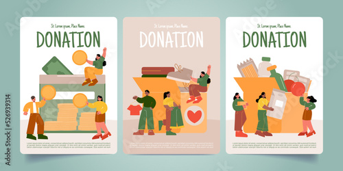Donation posters with people donate food, money and clothes to box. Charity event to help poor persons in shelter. Volunteers fight with hunger, reduce poverty, social support Line art vector banners