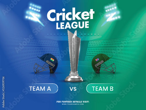 Cricket Match Between India VS Australia Of 3D Helmets With Silver Trophy Cup On Gradient Green And Blue Stadium Background.