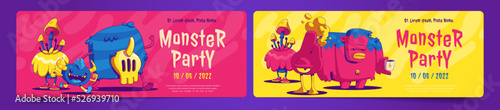 Monster party posters with cute alien creatures in contemporary art style. Vector invitation flyers to kids event or holiday celebration with funny comic monsters, whimsical characters