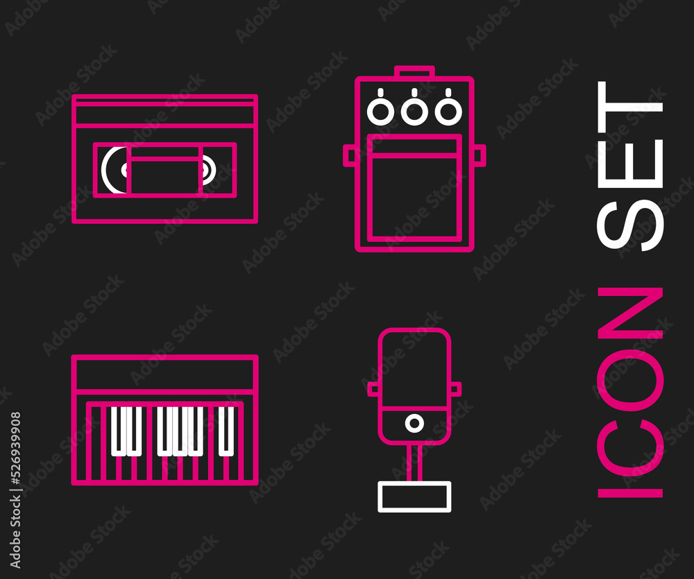 Set line Microphone, Music synthesizer, Guitar pedal and VHS video cassette tape icon. Vector Set line Microphone, Music synthesizer, Guitar pedal and VHS video cassette tape icon. Vector