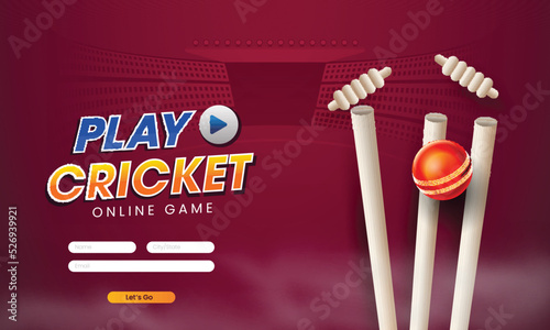 Play Cricket Online Game Concept With Realistic Ball Hitting Wicket Stump On Claret Stadium View Background.