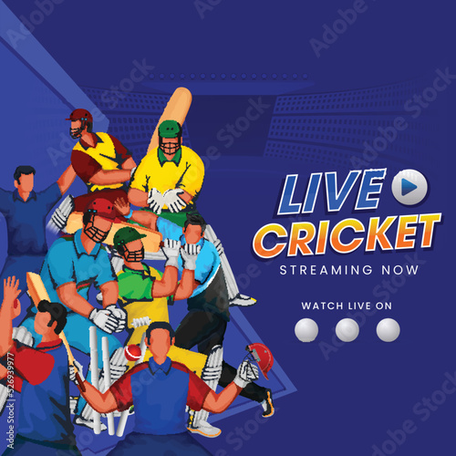 Live Cricket Streaming Now Concept With Participating Countries Players On Blue Background.