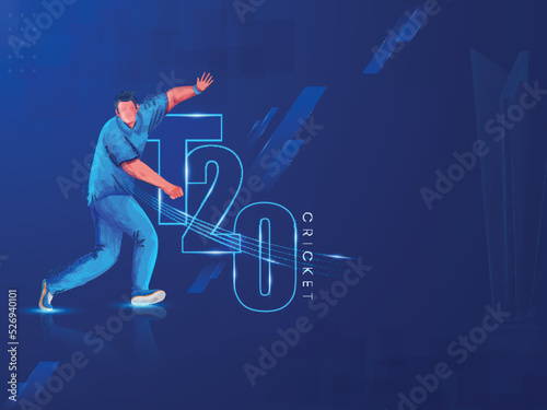 Shiny T20 Cricket Font With Faceless Cricketer Player And Trophy Cup On Blue Background.