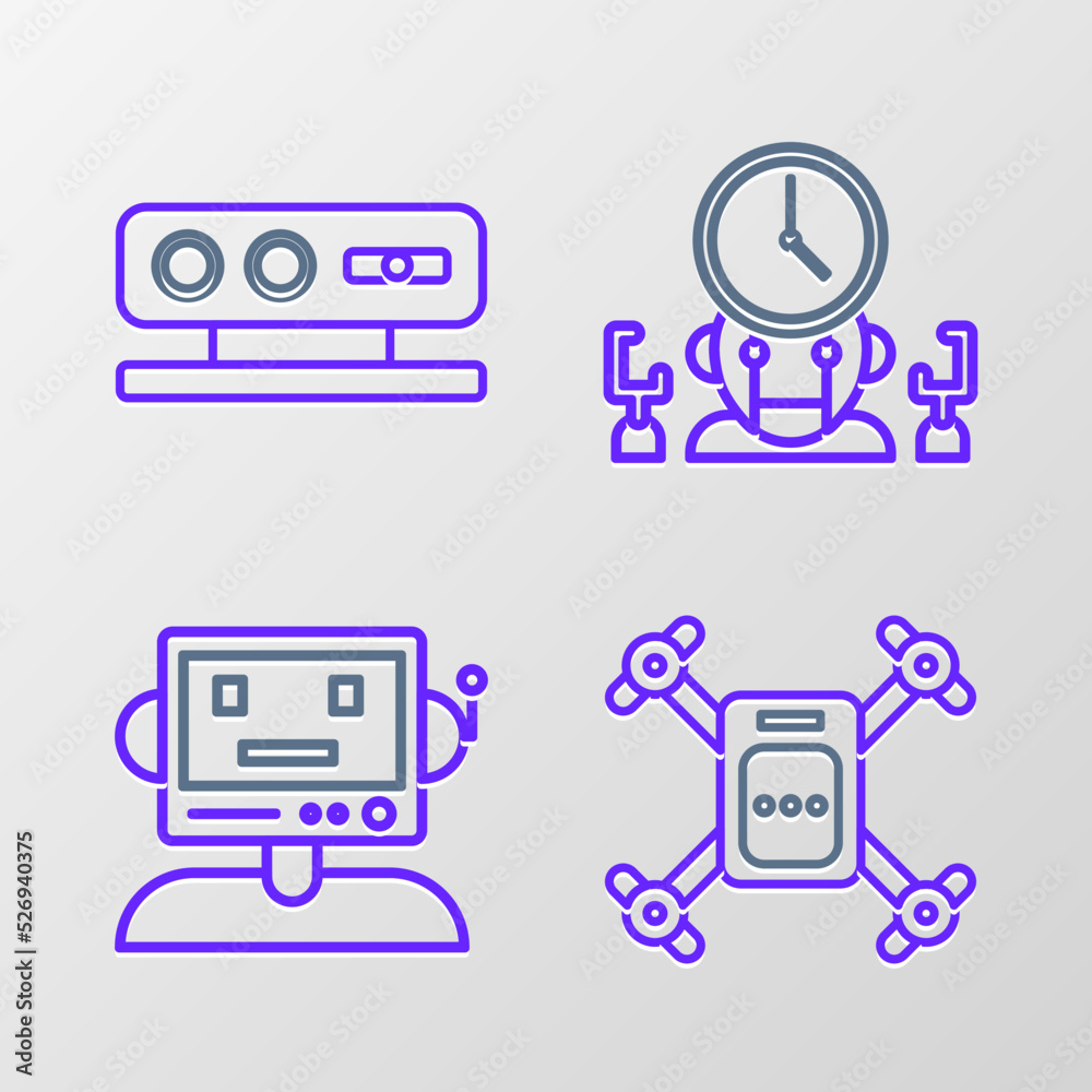 Set line Drone flying with action camera, Robot, and digital time manager and 3d scanning system icon. Vector Set line Drone flying with action camera, Robot, and digital time manager and 3d scanning system icon. Vector
