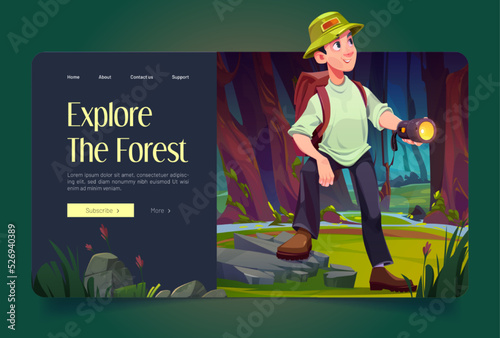 Explore forest banner with man traveler on summer glade. Woods landscape with water stream, path, green trees and tourist character with flashlight and backpack, Vector cartoon illustration