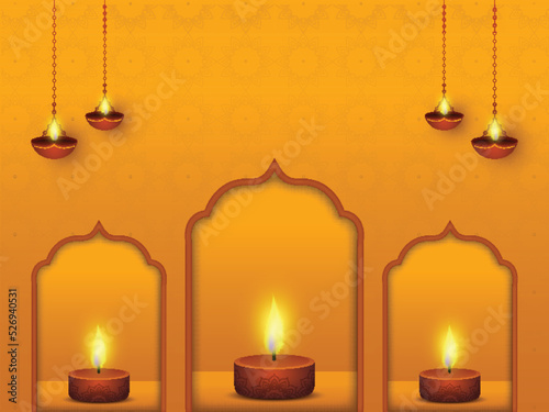 Chrome Yellow Mandala Pattern Background With Lit Oil Lamps (Diya) Hang, Tealight Candles And Copy Space.