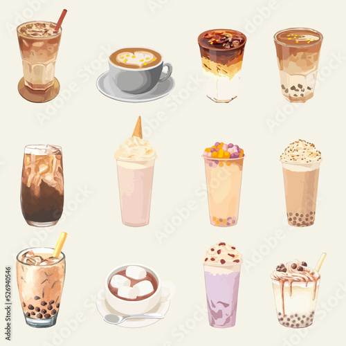 Set of coffee drinks for cafe or coffeehouse menu. Watercolor vector illustration