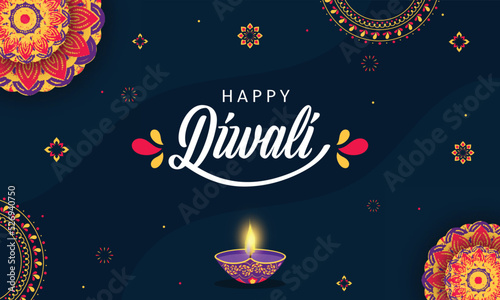 Happy Diwali Font With Illuminated Oil Lamp (Diya) And Mandala Pattern On Blue Background.