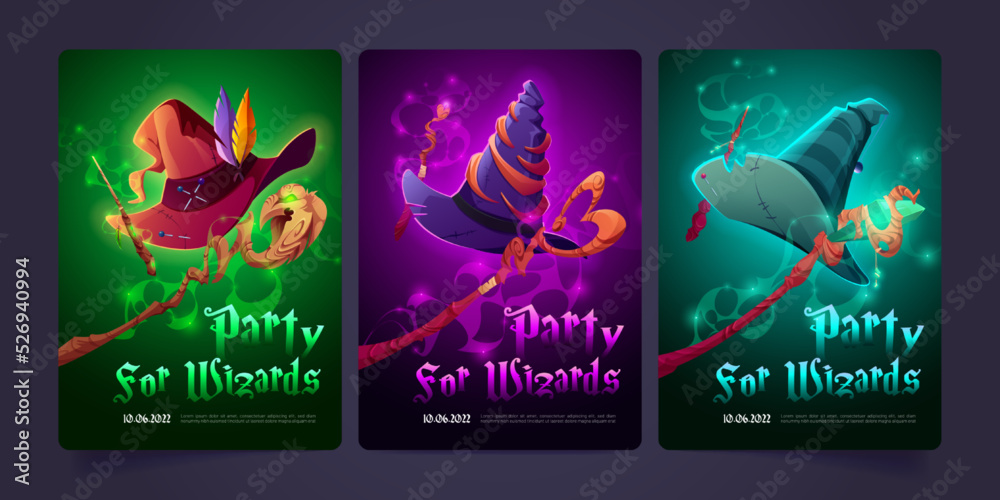 Party for wizards cartoon invitation flyers with witch hats, glowing wands and staffs. Halloween poster templates for magician event celebration, costume party for sorcerers and mages vector banners