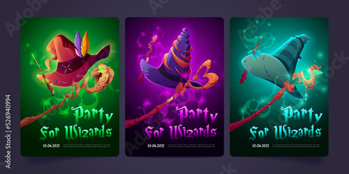 Party for wizards cartoon invitation flyers with witch hats, glowing wands and staffs. Halloween poster templates for magician event celebration, costume party for sorcerers and mages vector banners