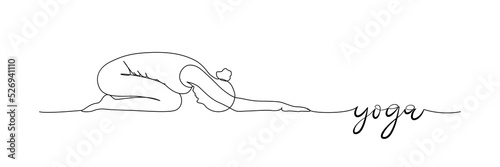 Vector banner with woman doing yoga exercise, yoga child’s pose. Outline drawing