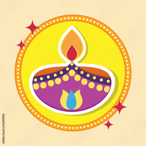 Isolated Sticker Style Burning Diya (Oil Lamp) Icon Or Symbol Against Yellow Background.