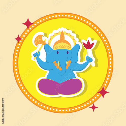 Sticker Style Lord Ganesha Against Yellow Background. photo