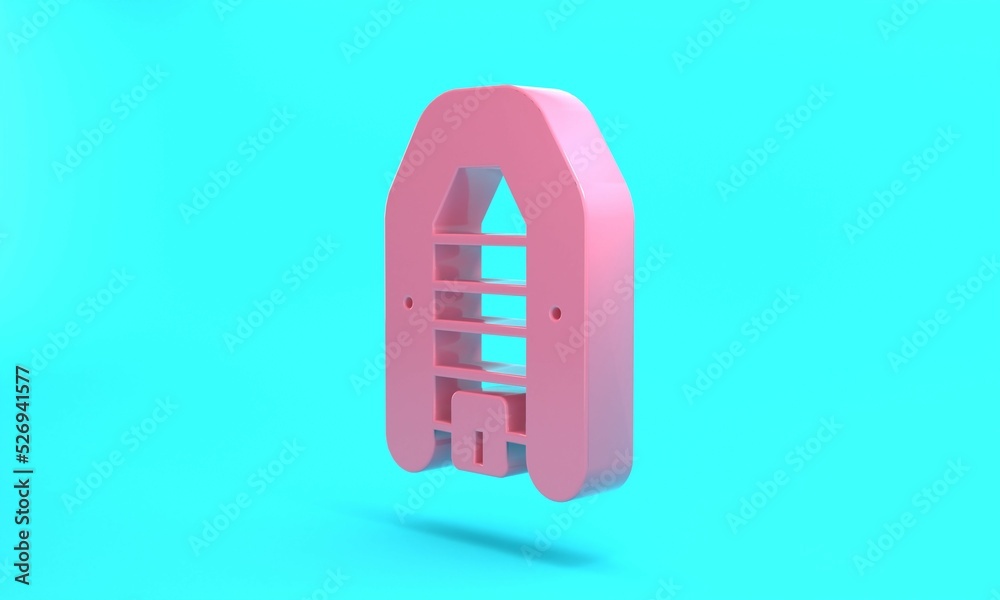 Pink Inflatable boat with outboard motor icon isolated on turquoise blue background. Minimalism concept. 3D render illustration Pink Inflatable boat with outboard motor icon isolated on turquoise blue background. Minimalism concept. 3D render illustration