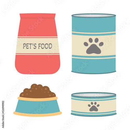 pet food set flat vector illustration isolated on white