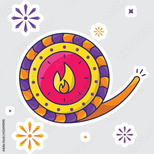 Burning Chakra Firecracker Over Fireworks Grey Background In Sticker Style.